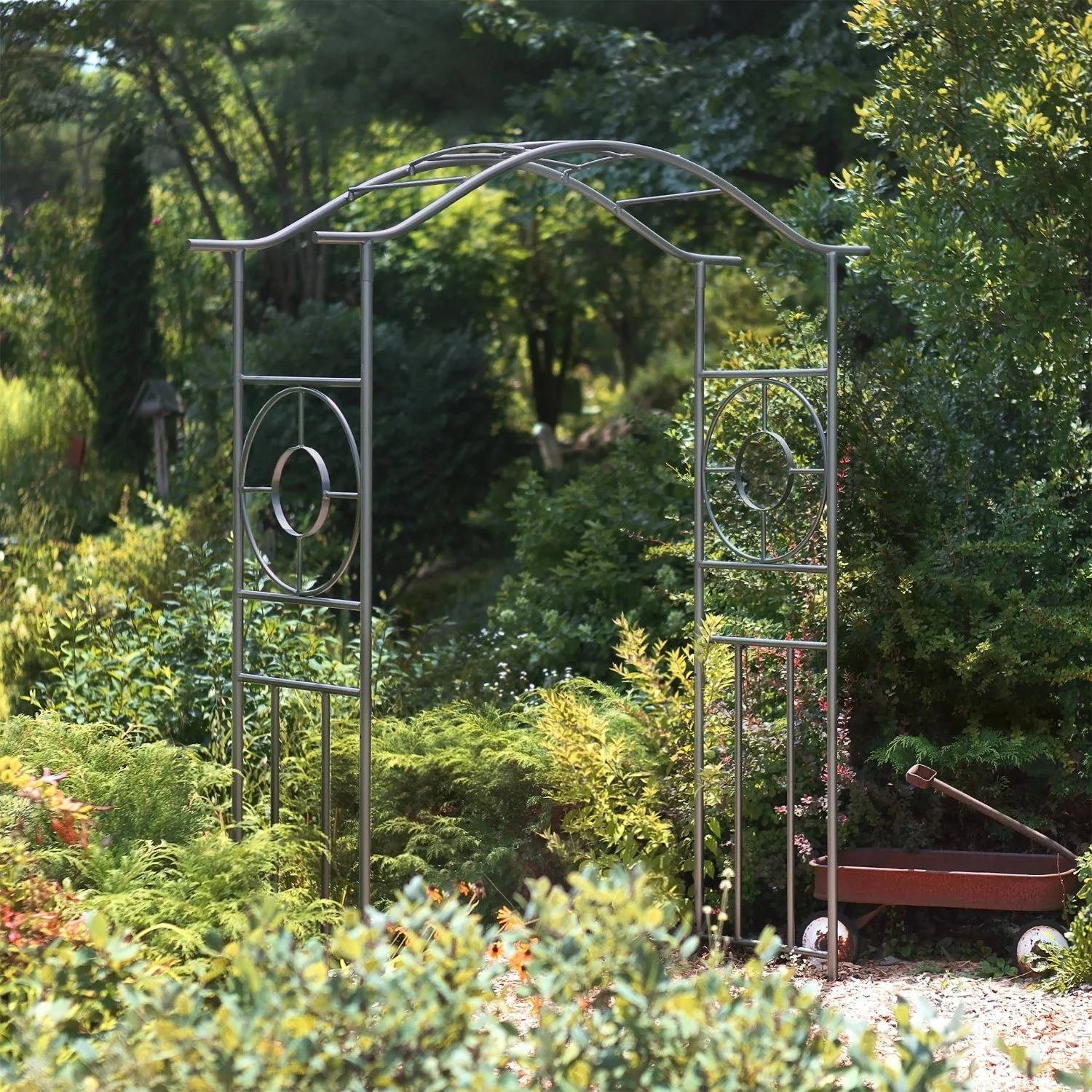 Tuscany Arbor modern wrought iron garden arch — Achla Designs